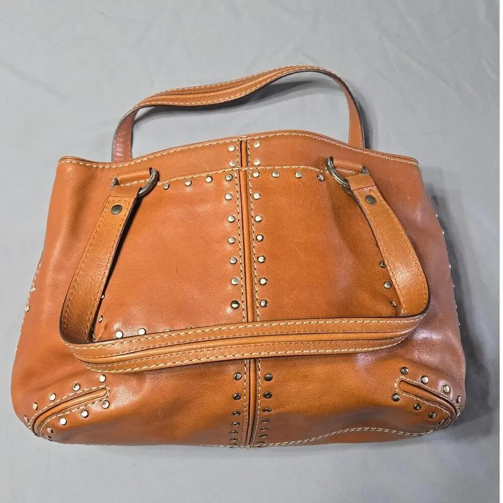 Michael Kors Vintage Astor Studded Leather Satchel Bag Cognac Tan Y2K